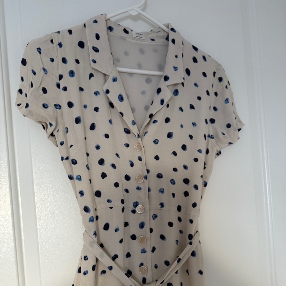 Aritzia Cream Midi Dress with Black and Blue Dots